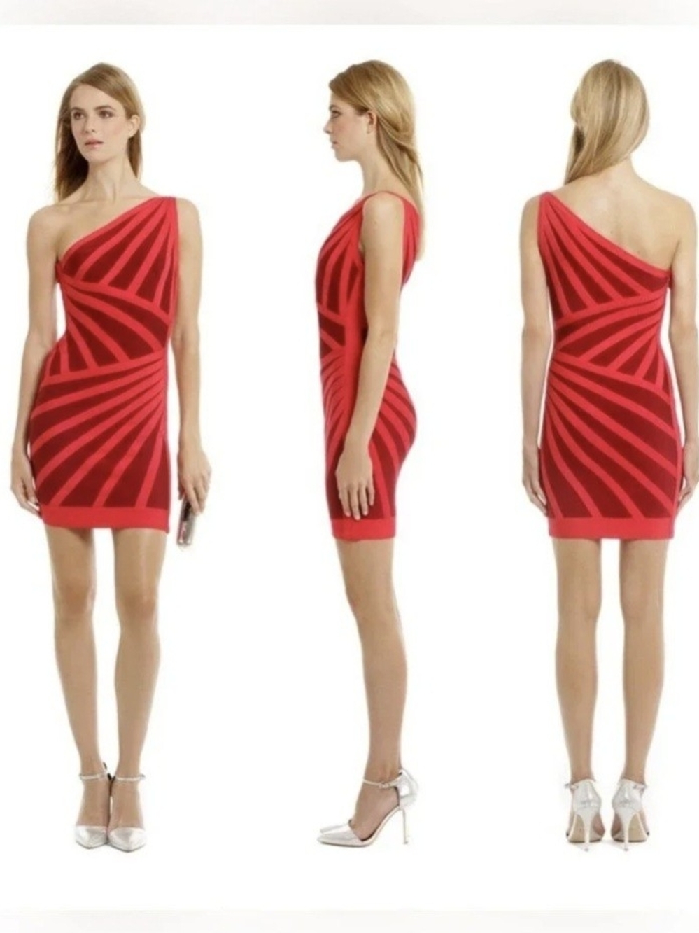 Herve Leger Red One-Shoulder Graphic Bandage Dress